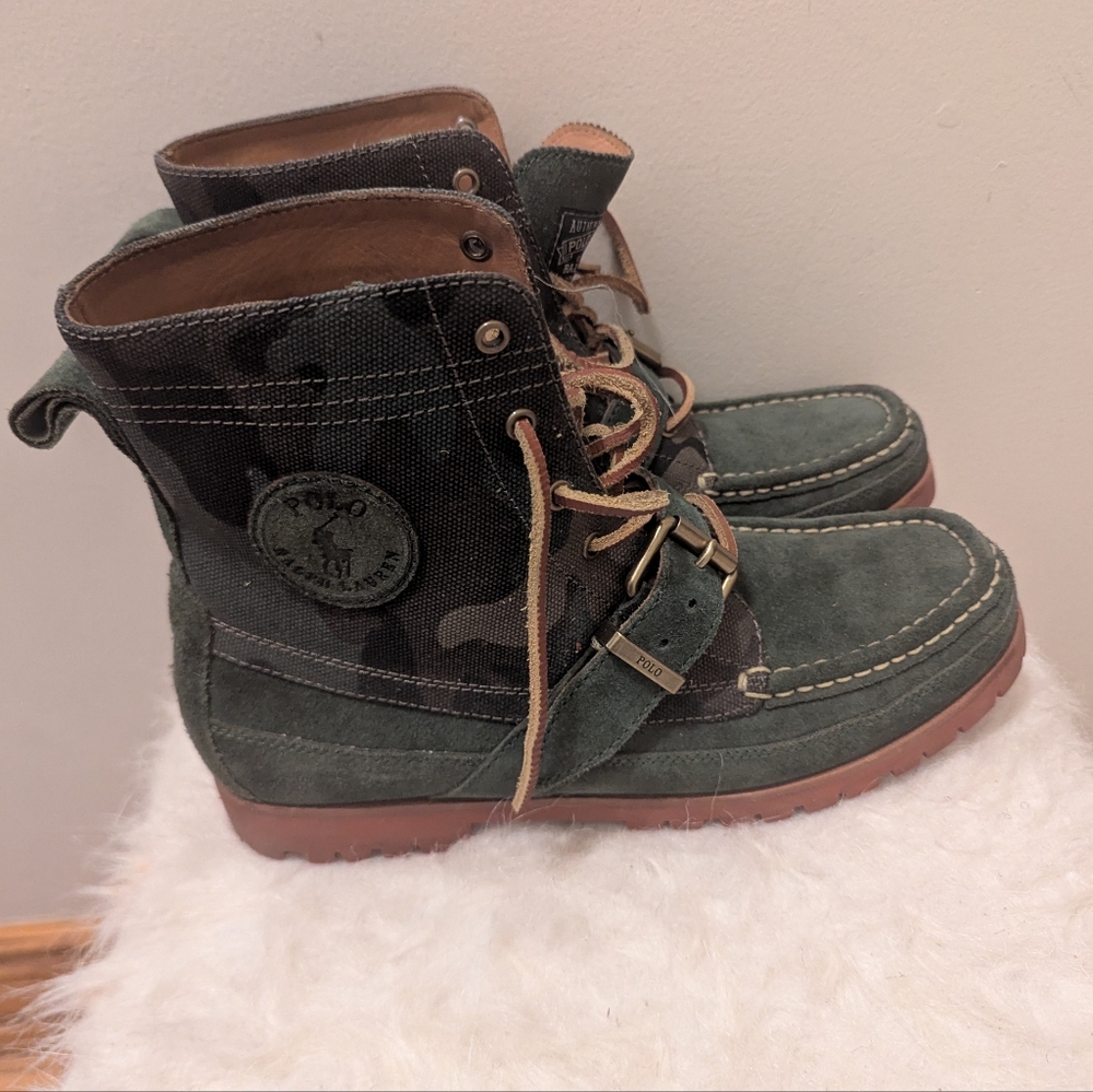 Polo Ralph Lauren Camouflage Print Canvas & Suede Buckle Ranger Boot - Size US 9